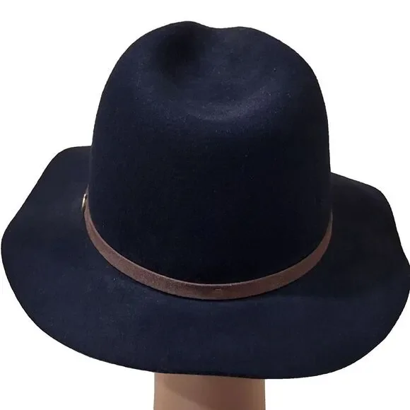 Chico's Woman's Classic Fedora Hat Dark Blue 100% Wool Tan & Gold Trim ~7.5 in - Picture 4 of 11